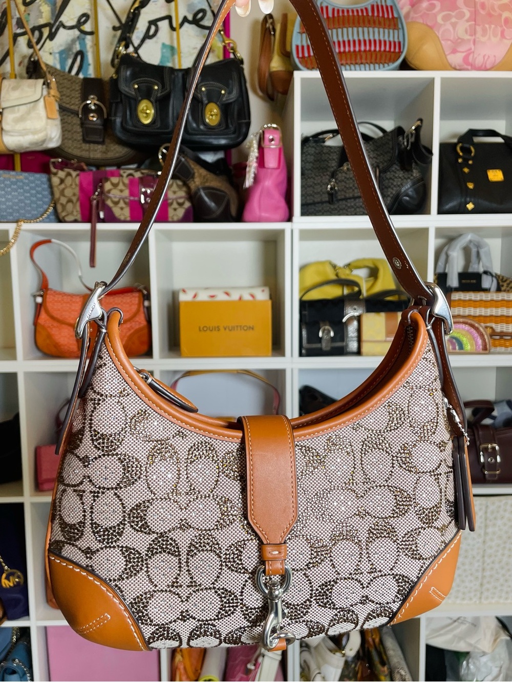 Coach Hamptons Hobo Bag in Crystal Signature Jacquard & Leather Trim